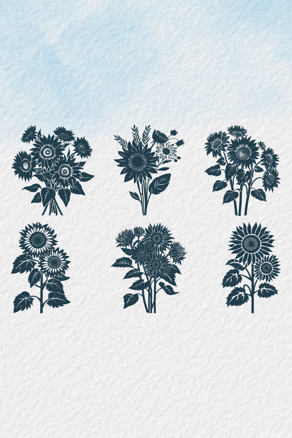 Sunflower bouquet silhouette, sunflower isolated on white background, Vector illustration, silhouette, icon, SVG, characters, Hand-drawn trendy Vector illustration, Sunflower vector pinterest preview image.