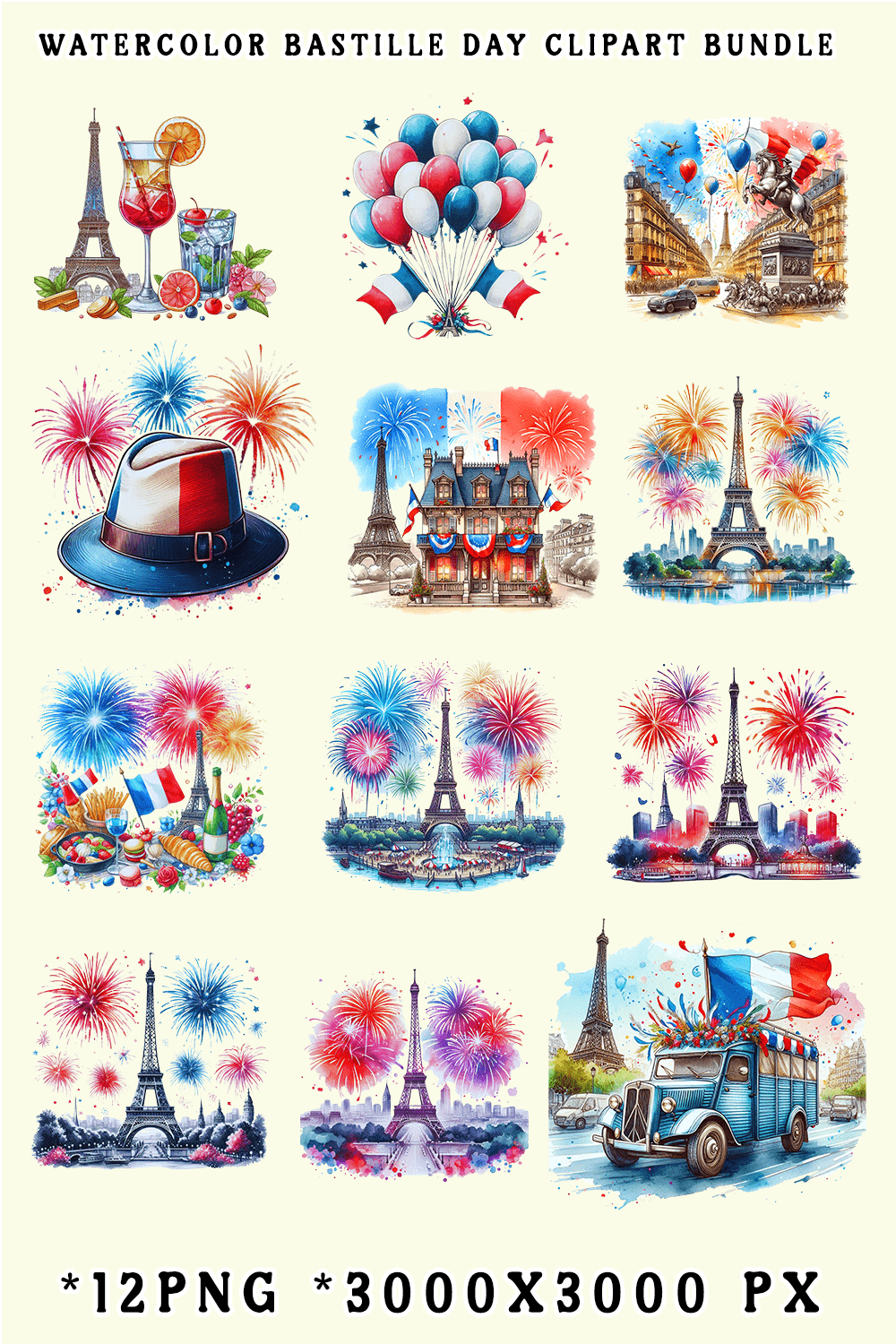 Watercolor Bastille Day Clipart Bundle pinterest preview image.