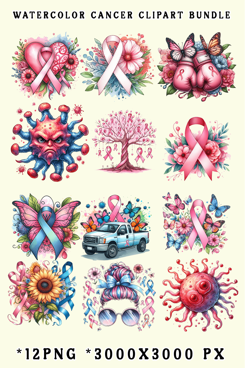 Watercolor Cancer Clipart Bundle pinterest preview image.