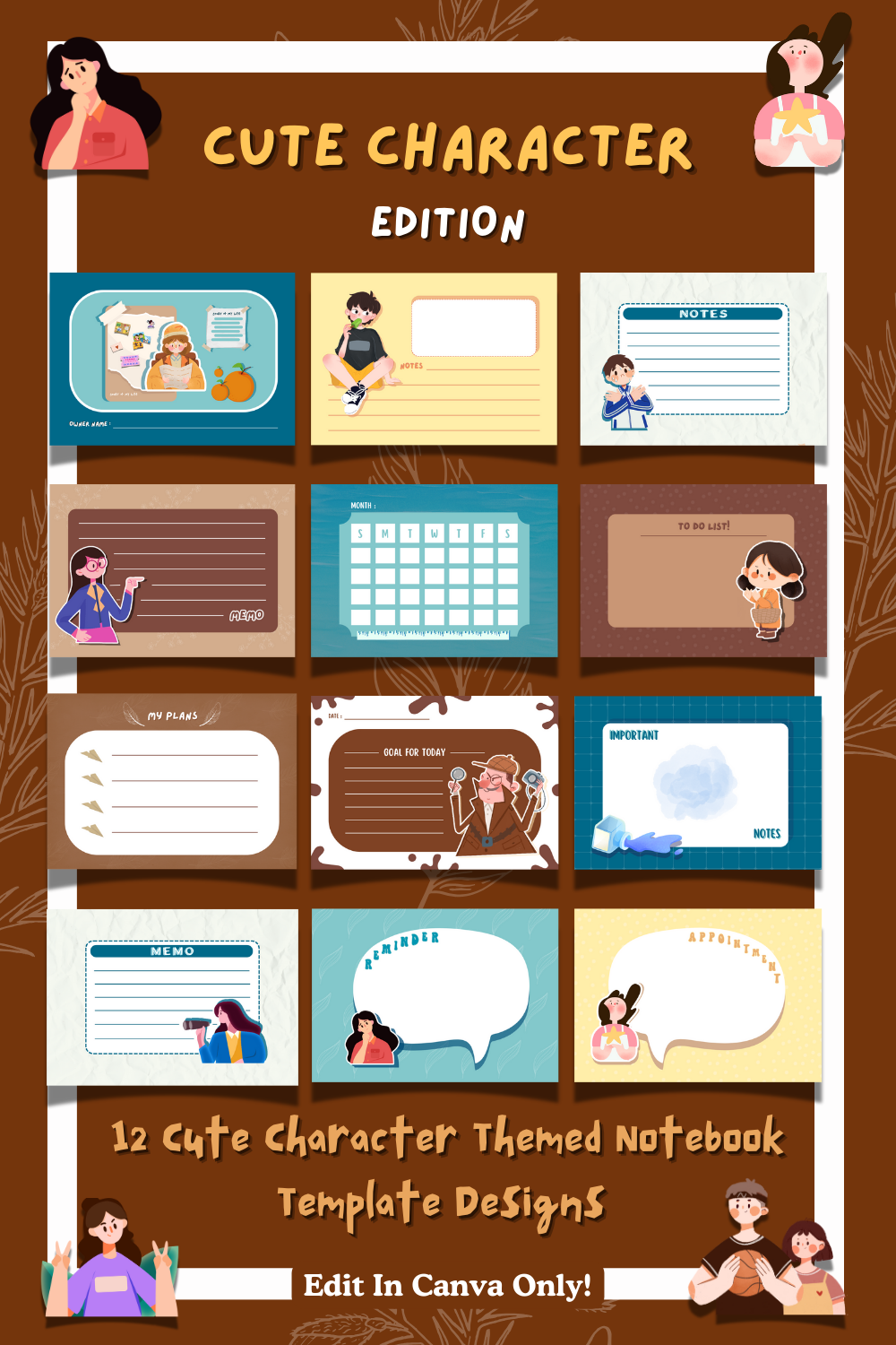 12 Cute Character Theme for Notebook and Planner - Only 7 pinterest preview image.