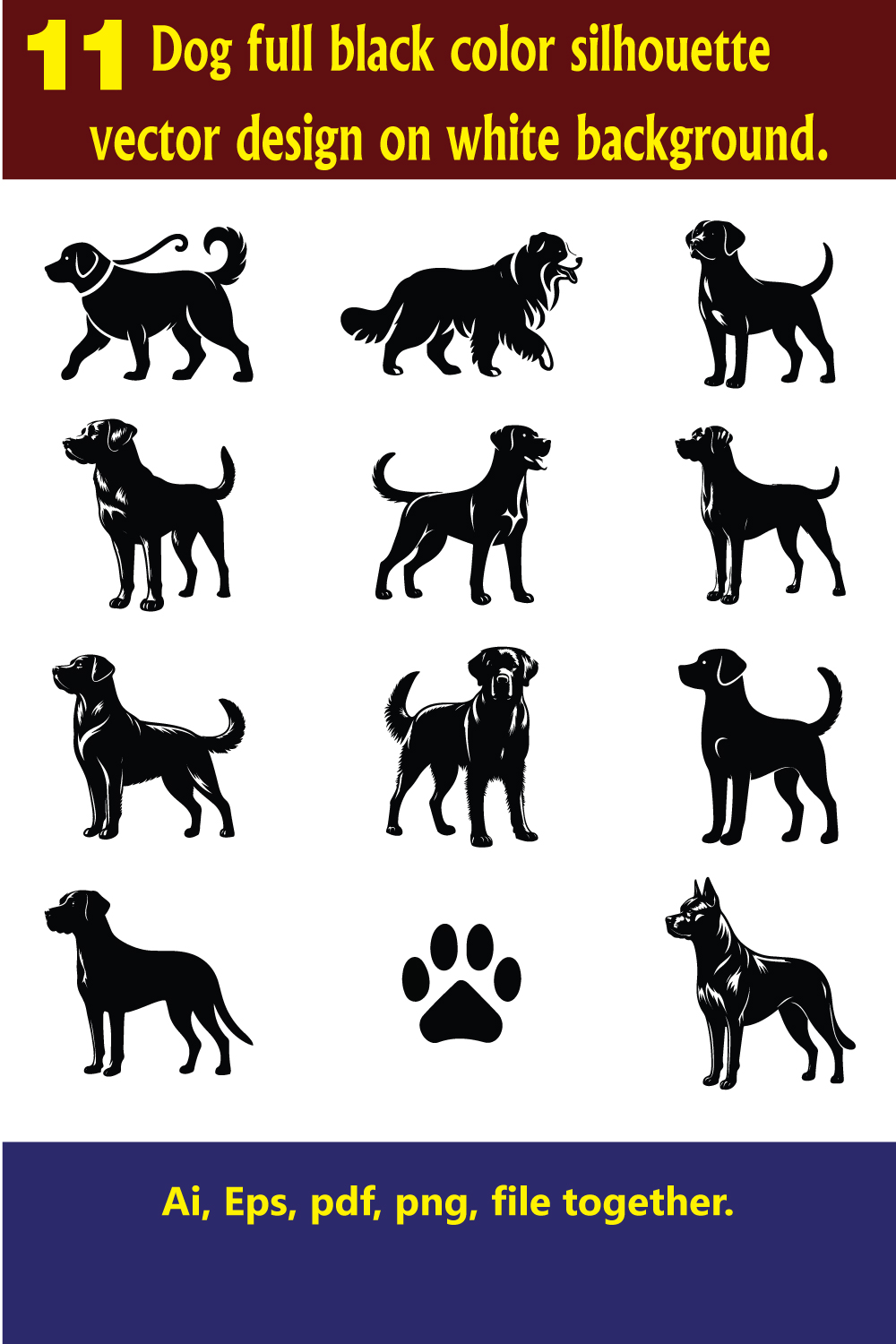 Dog silhouette design on white background, a package of Svg, Eps, pdf, png, files pinterest preview image.