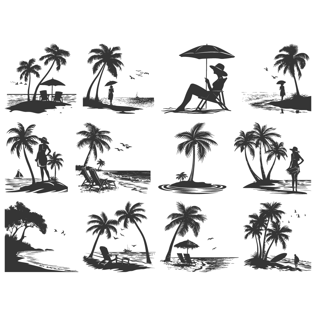 sea beach silhouette, sea beach coconut vector illustration preview image.