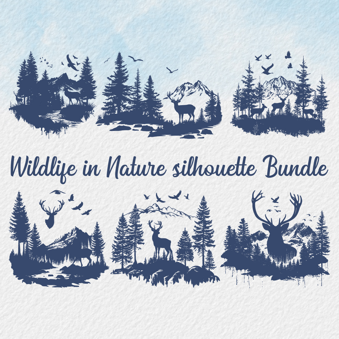 Wildlife in Nature Silhouette bundle, wild animal wildlife silhouette, forest silhouette illustration, Beautiful design for wildlife preservation, environmental awareness, deer, birds, bears trees, mountains cover image.