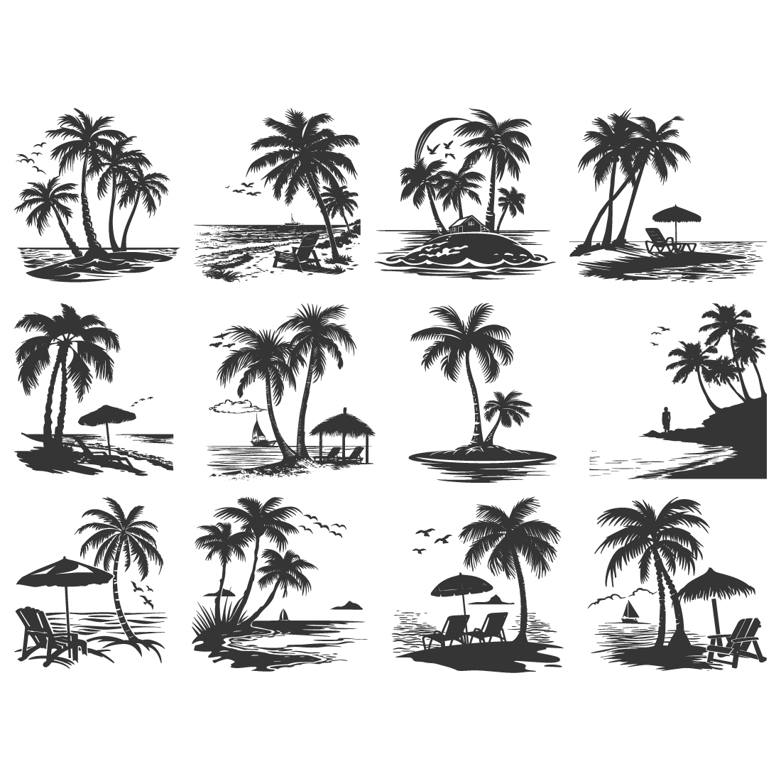 sea beach silhouette, sea beach coconut vector illustration preview image.