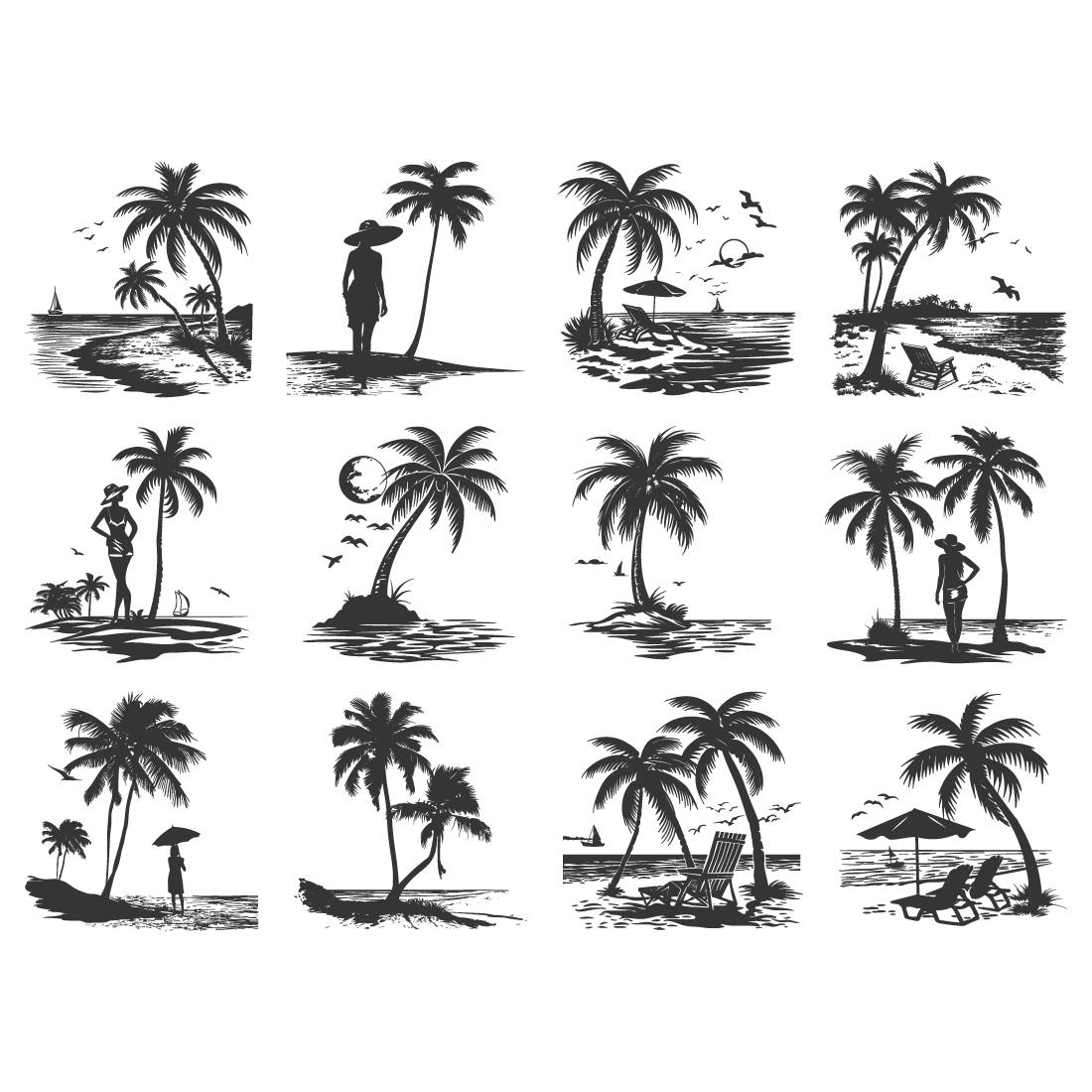 sea beach silhouette, sea beach coconut vector illustration preview image.