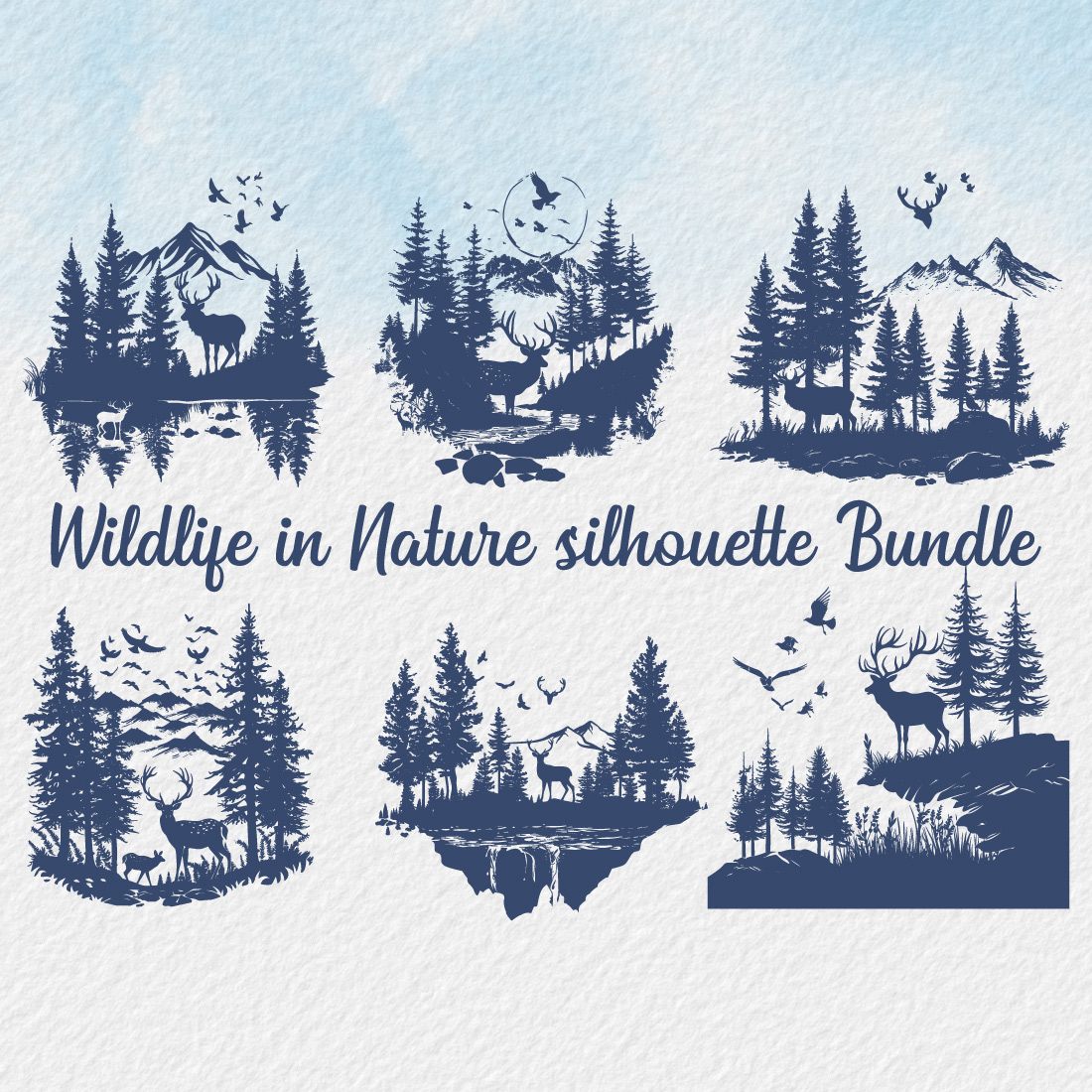 Wildlife in Nature Silhouette bundle, wild animal wildlife silhouette, forest silhouette illustration, Beautiful design for wildlife preservation, environmental awareness, deer, birds, bears trees, mountains cover image.