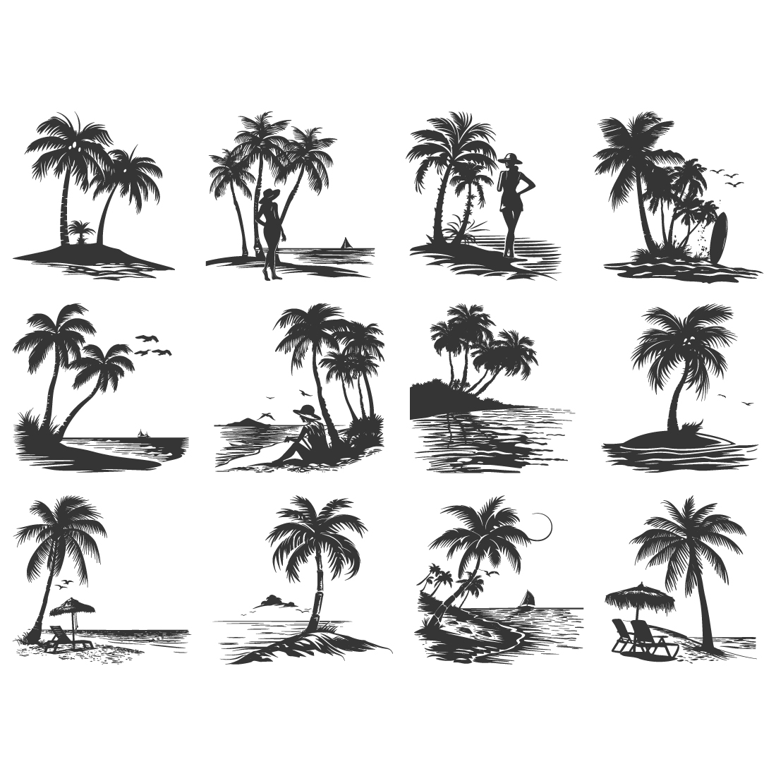 sea beach silhouette, sea beach coconut vector illustration cover image.