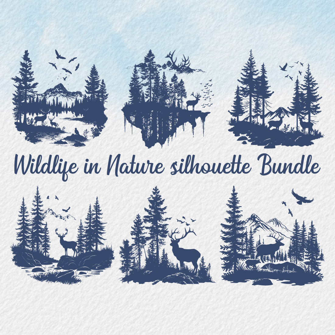 Wildlife in Nature Silhouette bundle, wild animal wildlife silhouette, forest silhouette illustration, Beautiful design for wildlife preservation, environmental awareness, deer, birds, bears trees, mountains preview image.