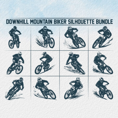 Downhill mountain biker silhouette bundle, Silhouette of a biker Downhill mountain biking Bicycle background with silhouette of downhill riders in the mountain cover image.