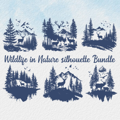 Wildlife in Nature Silhouette bundle, wild animal wildlife silhouette, forest silhouette illustration, Beautiful design for wildlife preservation, environmental awareness, deer, birds, bears trees, mountains cover image.