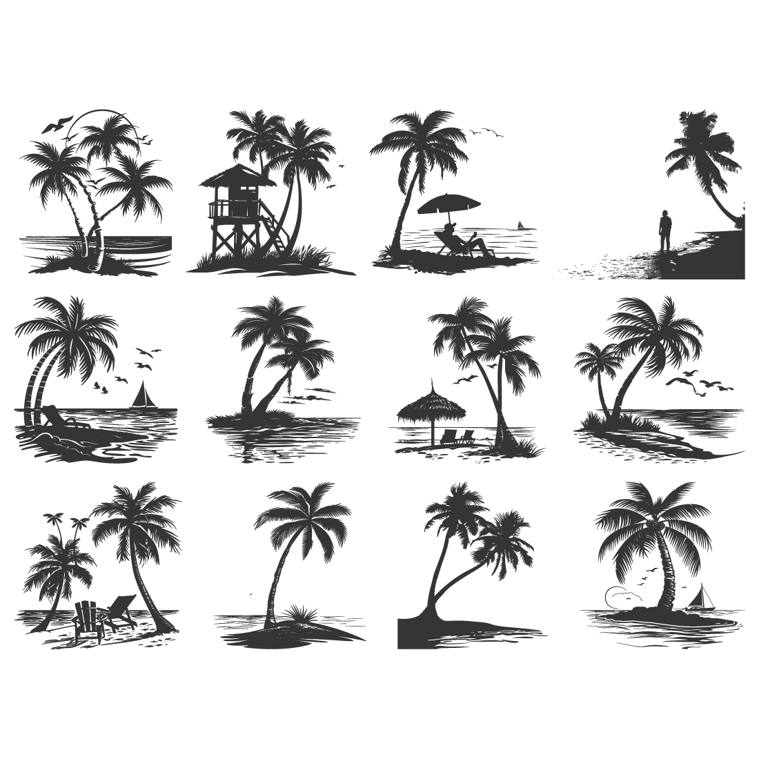 sea beach silhouette, sea beach coconut vector illustration preview image.