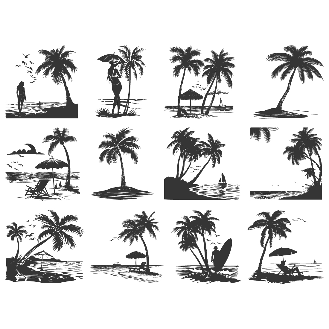 sea beach silhouette, sea beach coconut vector illustration preview image.