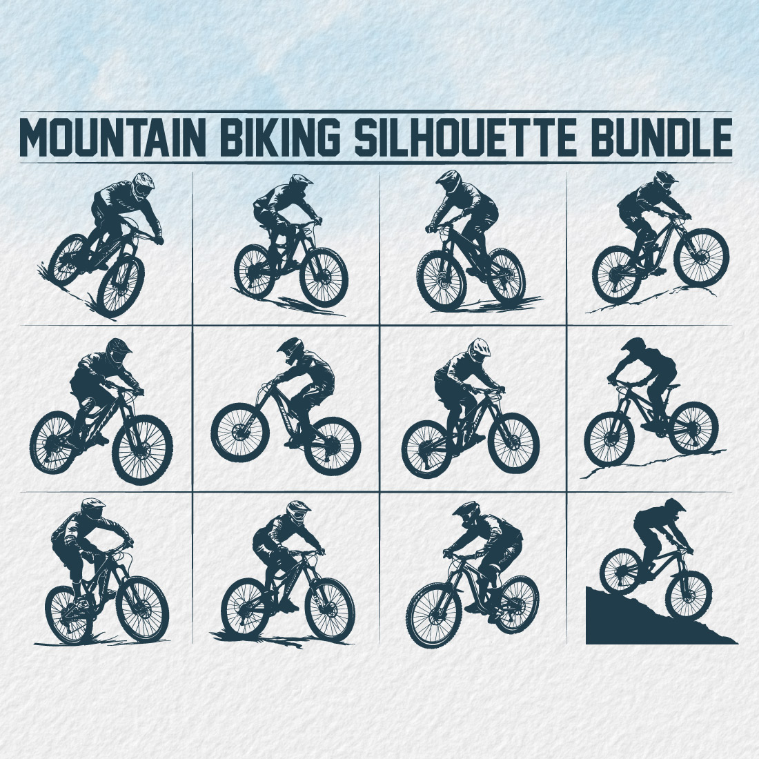 Mountain bike silhouette bundle, Man Cyclist Mountain Biker, Silhouette a cyclist riding mountain bike Vector, Mountain Biking, bike silhouette bundle cover image.