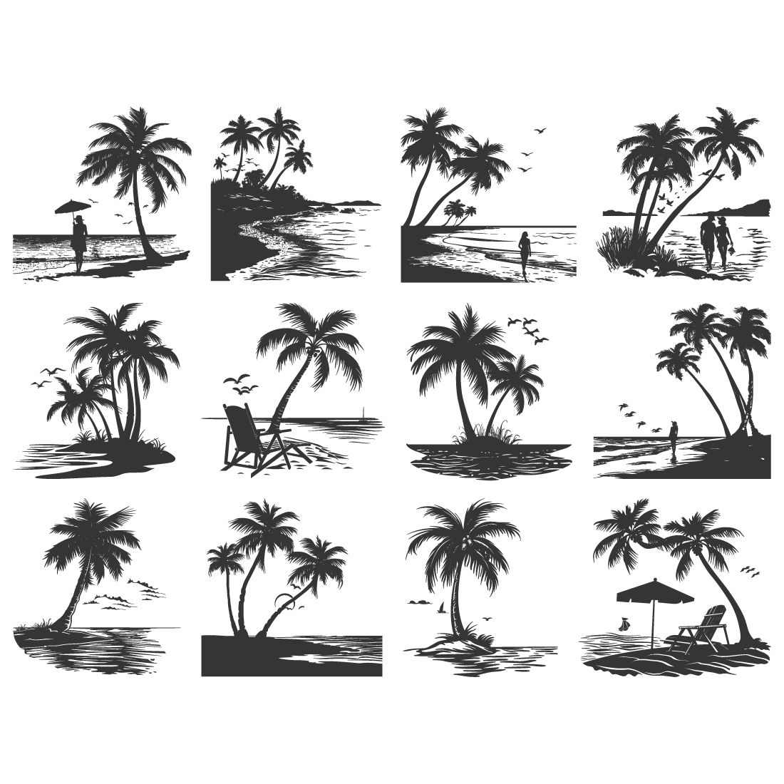 sea beach silhouette, sea beach coconut vector illustration preview image.