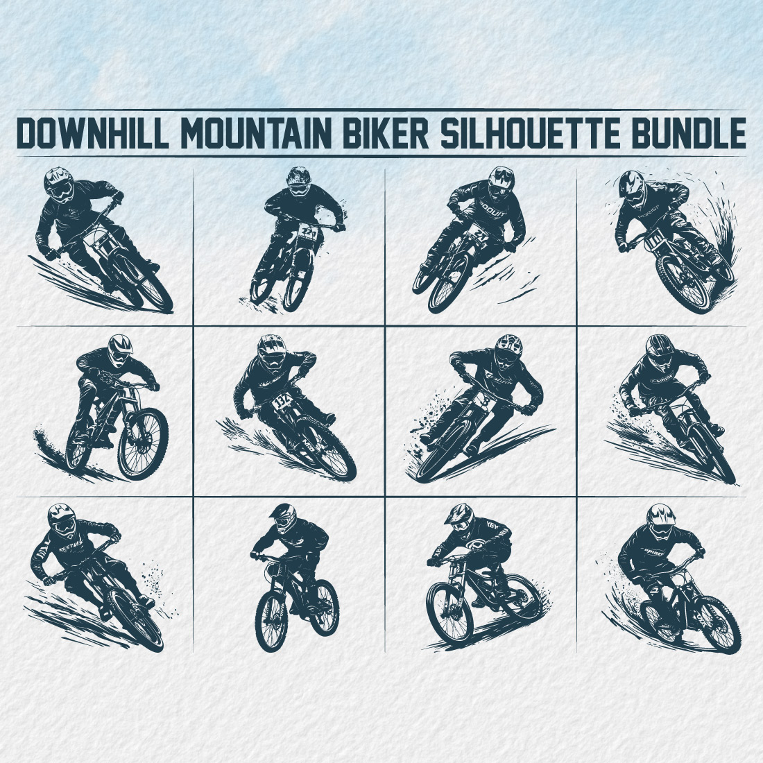 Downhill mountain biker silhouette bundle, Silhouette of a biker Downhill mountain biking Bicycle background with silhouette of downhill riders in mountain cover image.