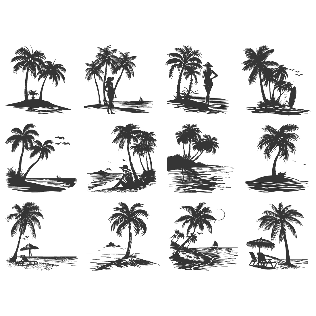 sea beach silhouette, sea beach coconut vector illustration preview image.