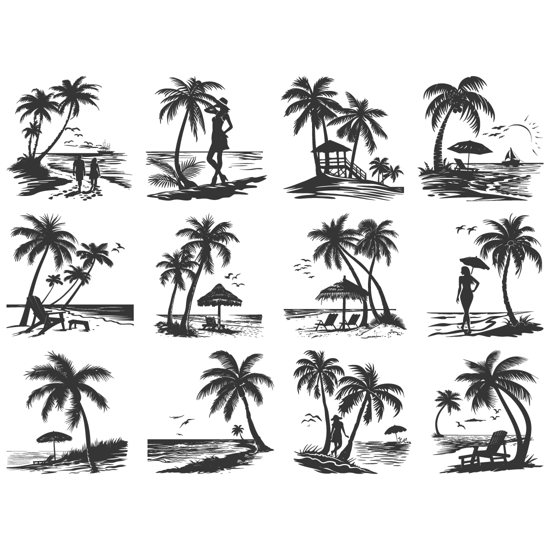 sea beach silhouette, sea beach coconut vector illustration cover image.