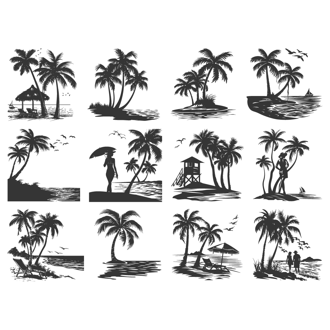 sea beach silhouette, sea beach coconut vector illustration preview image.