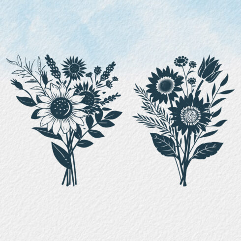Sunflower bouquet silhouette, sunflower isolated on white background, Vector illustration, silhouette, icon, SVG, characters, Hand-drawn trendy Vector illustration, Sunflower vector cover image.