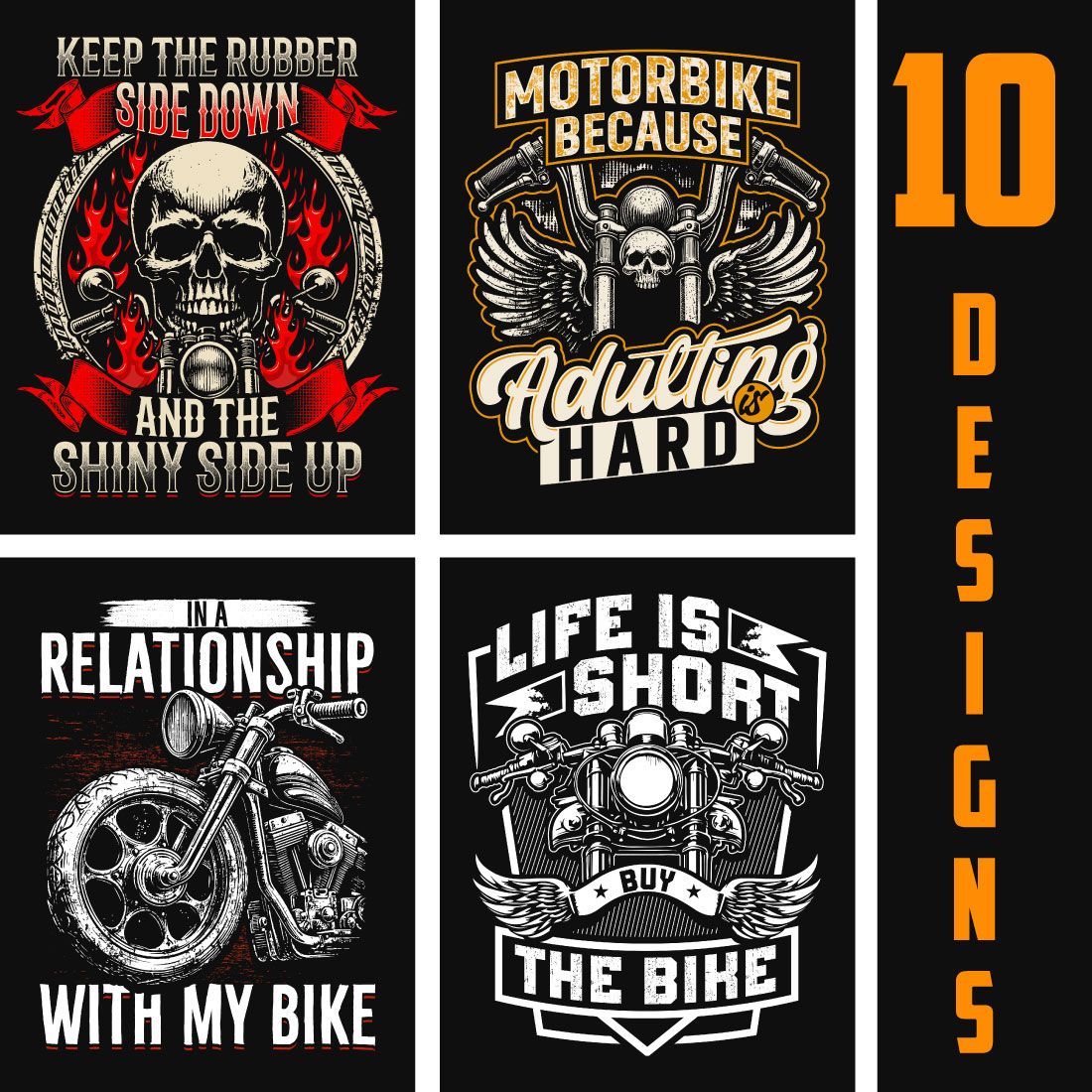 10 premium motorbike t shirt design bundle preview image.