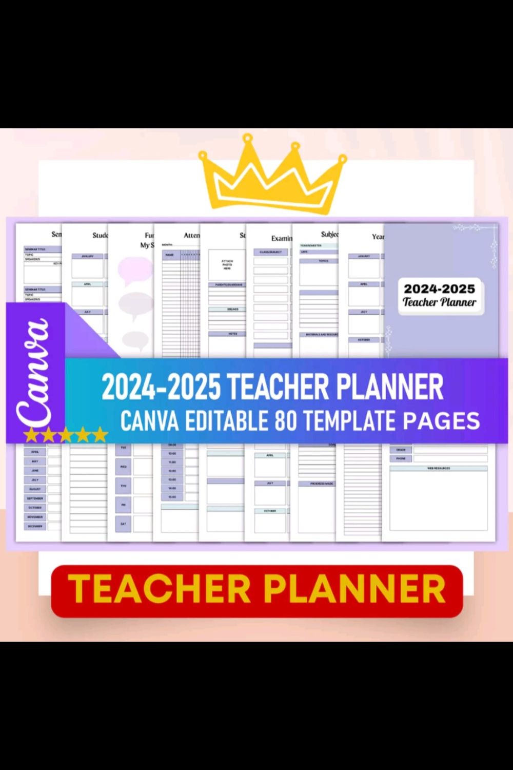 Teacher Planner 2024-2025 Canva Templates-80 Pages pinterest preview image.