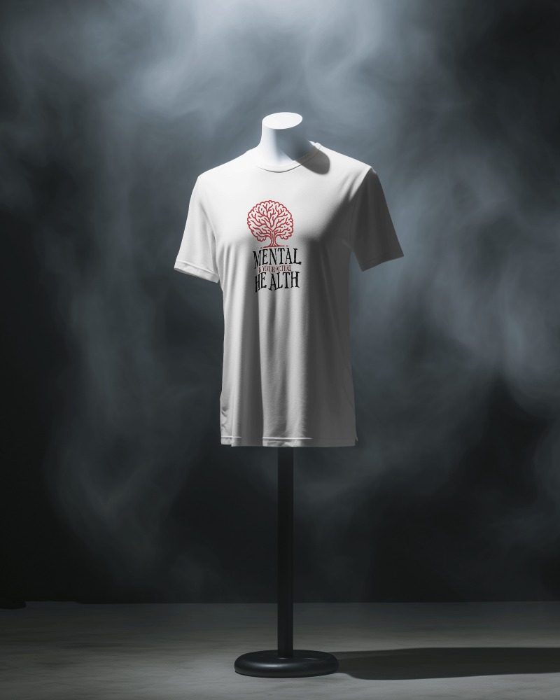 tshirt on a headless mannequin on a stand in front of black screen and smoke 0200 966