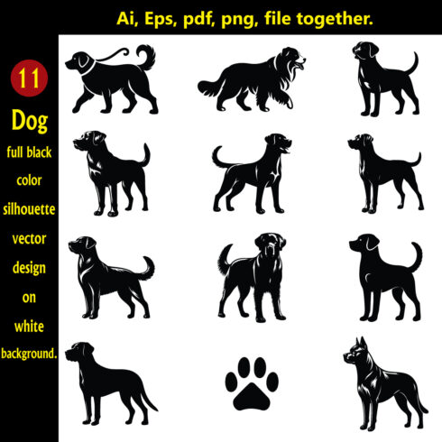 Dog silhouette design on white background, a package of Svg, Eps, pdf, png, files cover image.