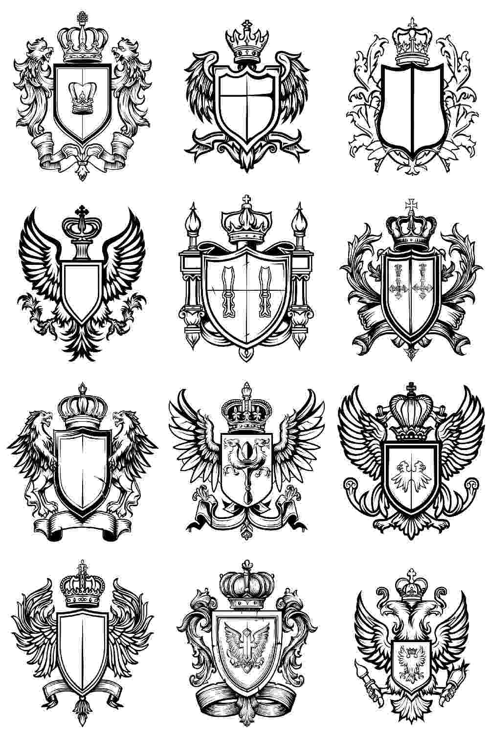 Exquisite Collection of 16 Black & White Coats of Arms - PNG & SVG Formats - PACK 1 pinterest preview image.