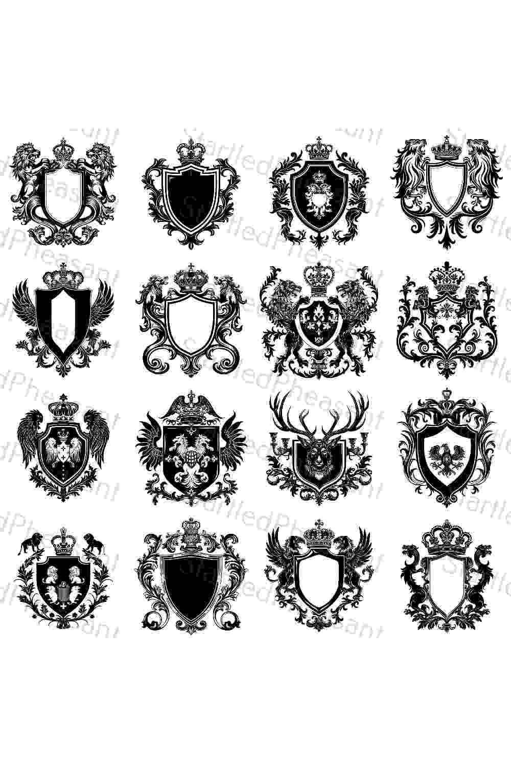 Exquisite Collection of 16 Black & White Coats of Arms - PNG & SVG Formats - PACK 2 pinterest preview image.