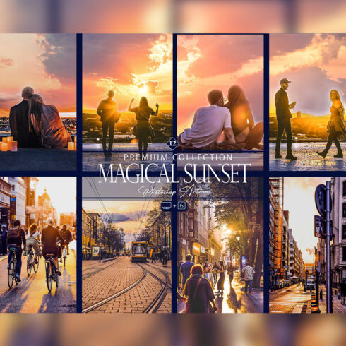 12 Photoshop Actions, Magical Sunset Ps Action, Blue ACR Preset, Saturation Filter, Lifestyle Theme For Instagram, Golden Hour, Cloud Photos cover image.