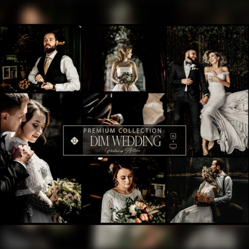 12 Photoshop Actions, Dim Wedding Ps Action, Bride ACR Preset, Black And Dark Filter, Blog Instagram, New Marriage, Top Clean, Darkened cover image.