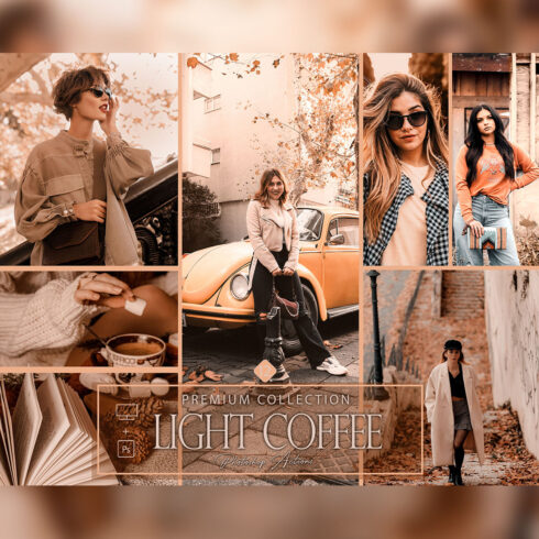 12 Photoshop Actions, Light Coffee Ps Action, Yellow ACR Preset, Saturation Filter, Lifestyle Theme For Instagram, Colors Filters, Woman Photos cover image.