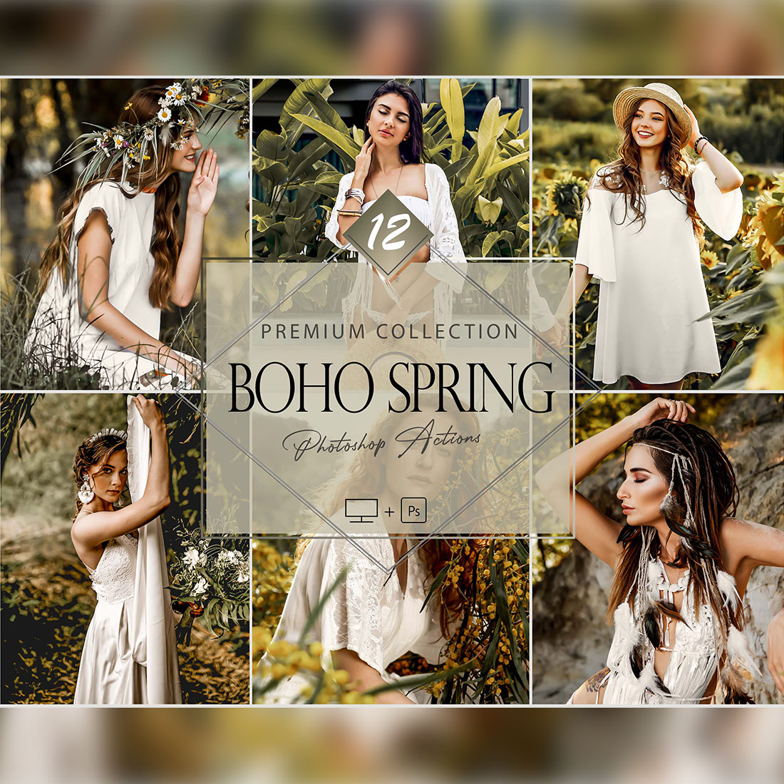 12 Photoshop Actions, Boho Spring Ps Action, Bohemian ACR Preset, Moody Filter, Lifestyle Theme For Instagram, Summer Presets Warm Portrait cover image.