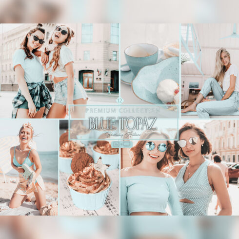 12 Photoshop Actions, Blue Topaz Ps Action, Bright ACR Preset, Brown And Turquoise Filter, Theme Blog Instagram, Stylish Girl, Summer Image cover image.