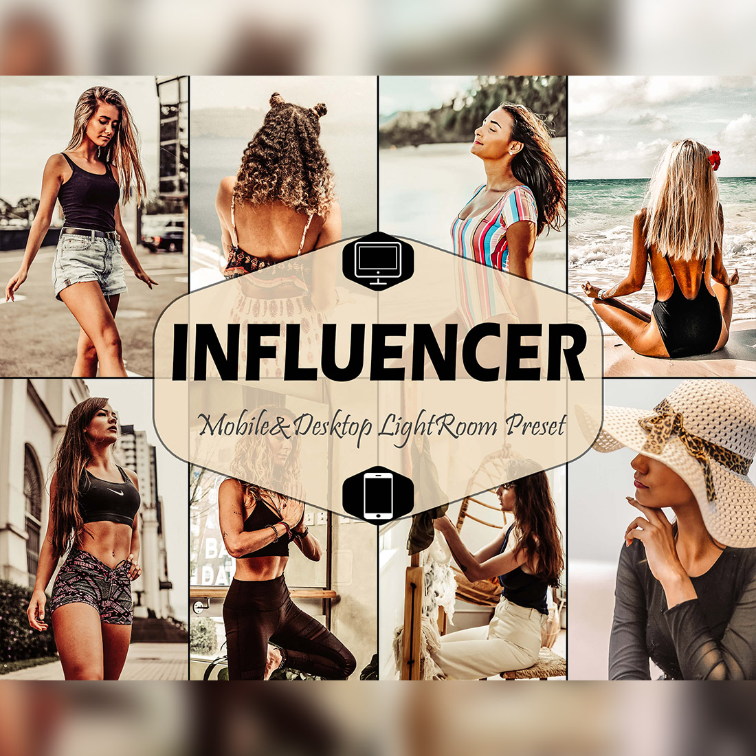 10 Influencer Mobile & Desktop Lightroom Presets, tan LR preset, Portrait Trendy Filter, DNG photographer blogger Lifestyle Instagram Theme cover image.