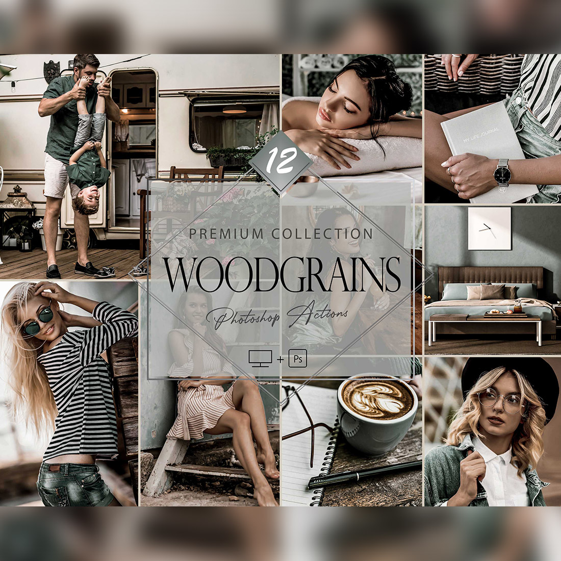 12 Photoshop Actions, Woodgrains Ps Action, Green ACR Preset, Brown Filter, Lifestyle Theme For Instagram, Spring Moody, Warm Portrait cover image.