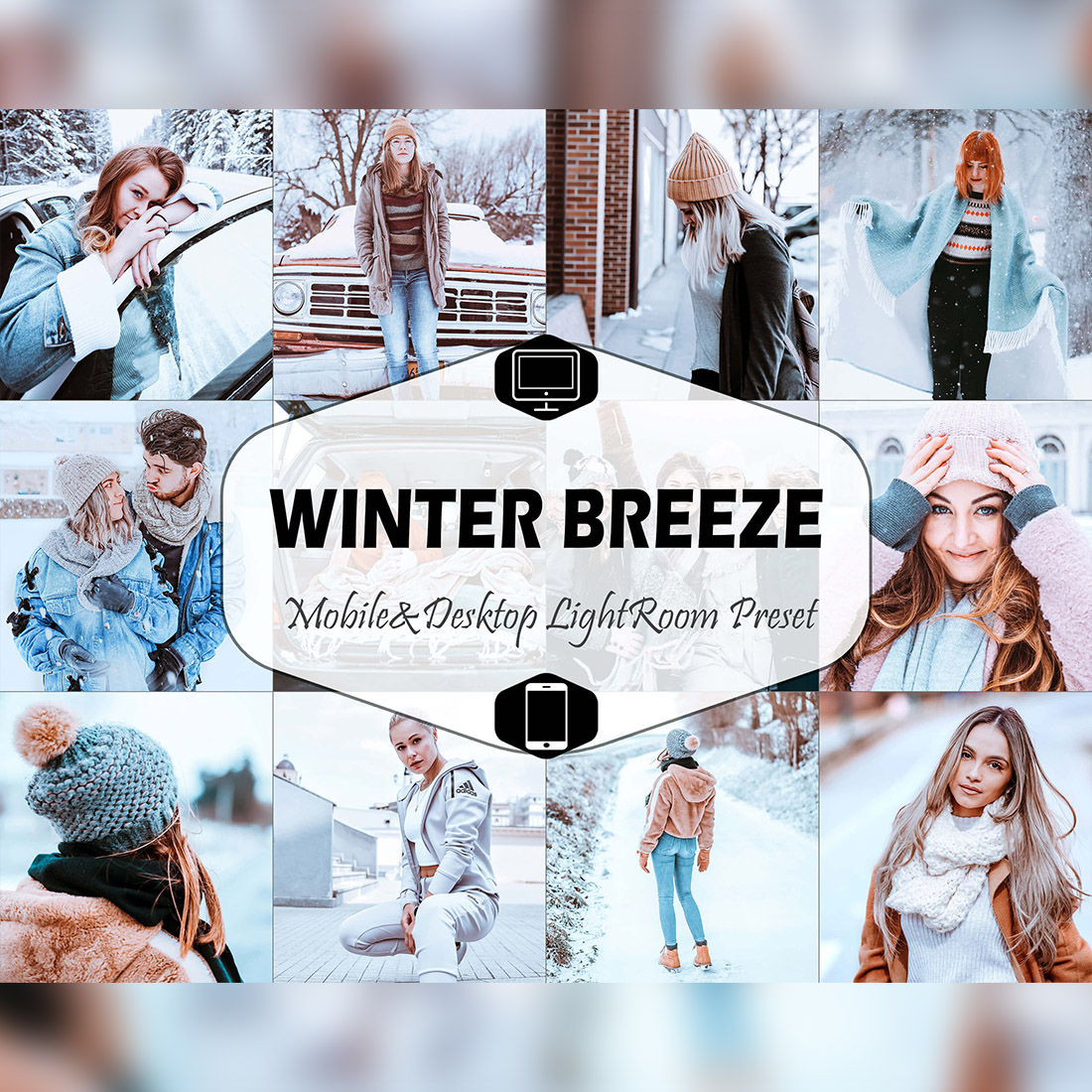 Winter Breeze Mobile & Desktop Lightroom Presets, snow instagram LR preset, trendy filter, Blogger DNG travel lifestyle fashion theme cover image.