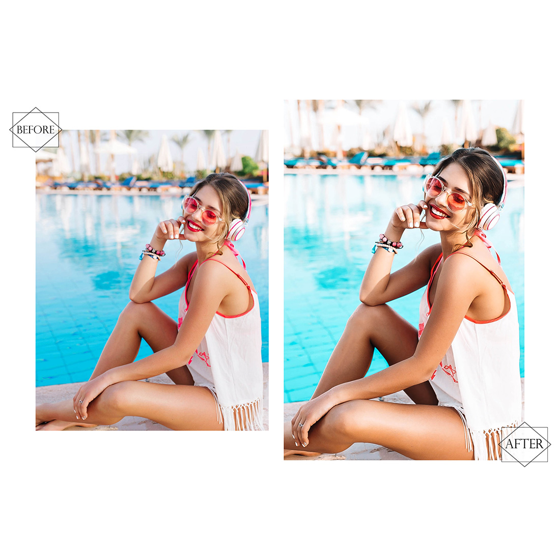 12 Photoshop Actions, In Pool Ps Action, Bright ACR Preset, Blue Filter, Lifestyle Theme For Instagram, Summer Presets, Warm Portrait preview image.
