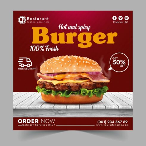 A hot and spicy burger social media template cover image.