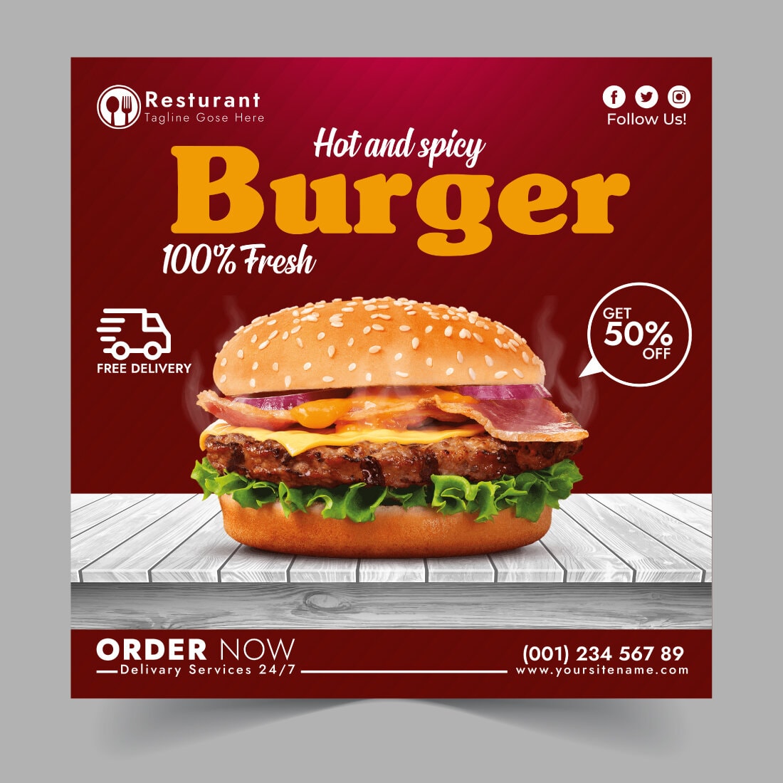 A hot and spicy burger social media template cover image.
