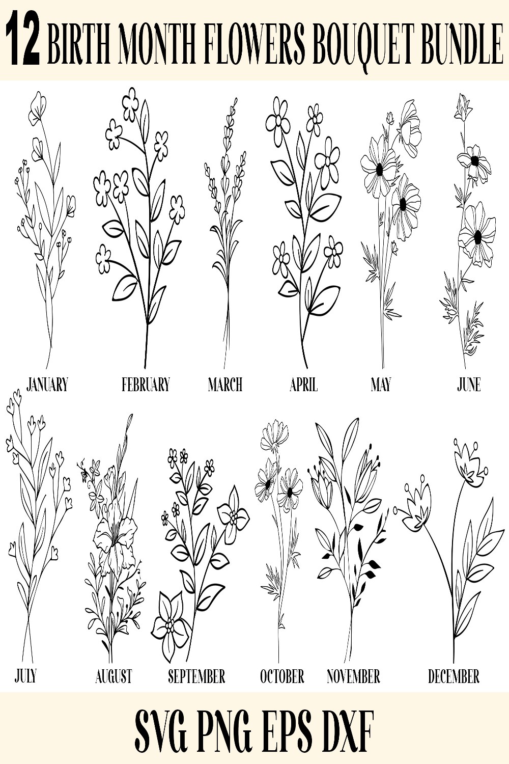 Birth month svg bundle, Birth month flowers svg, Wildflower svg, Birthday flower, Flower clipart, Botanical svg, Floral svg, Daisy svg, PNG pinterest preview image.