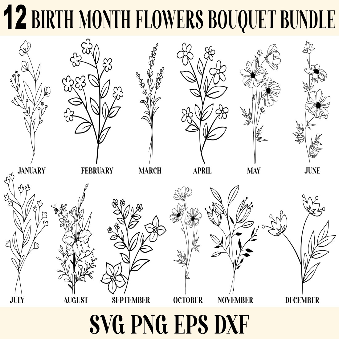 Birth month svg bundle, Birth month flowers svg, Wildflower svg, Birthday flower, Flower clipart, Botanical svg, Floral svg, Daisy svg, PNG cover image.