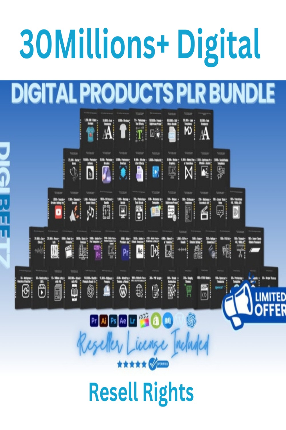30M+Digital Product Bundle Mega Bundle, Course, Softwere,Printeble pinterest preview image.