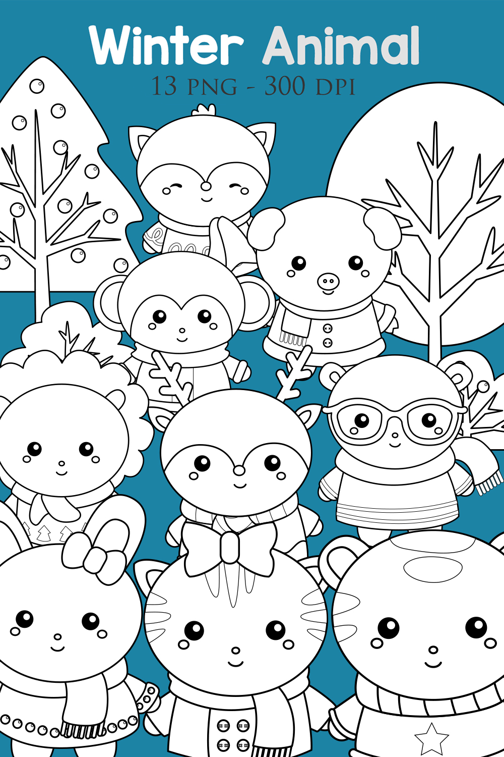 Cute and Funny Winter Animal Holiday Season Christmas Nature Monkey Rabbit Raindeer Tiger Cat Squirrel Fox Bear Cartoon Digital Stamp Outline pinterest preview image.