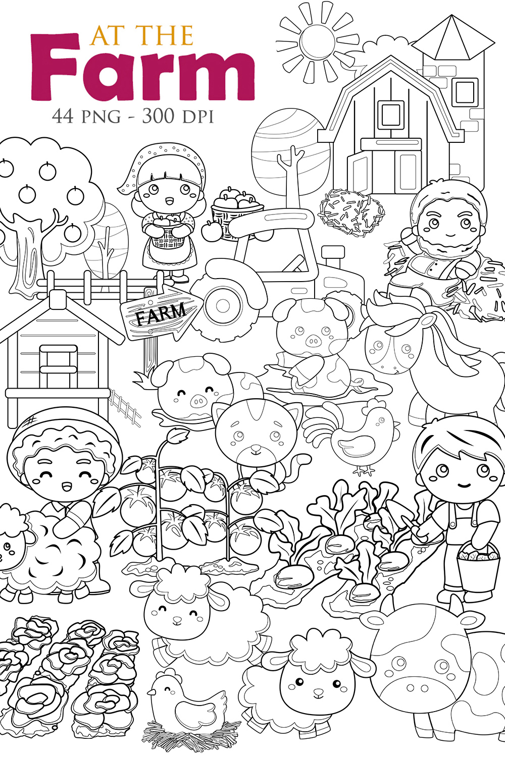 Bundles Art Family Activity At The Farm with Kids Parents Animals Farmer House Barn Cow Chicken Horse Harvesting Vegetables Plants Cartoon Digital Stamp Outline Black and White pinterest preview image.