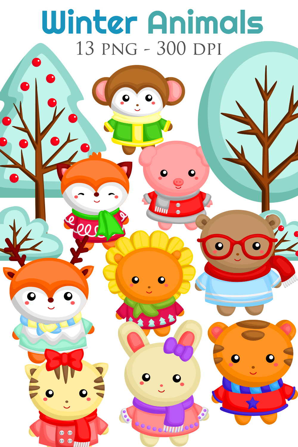 Cute and Funny Winter Animal Holiday Season Christmas Nature Monkey Rabbit Raindeer Tiger Cat Squirrel Fox Bear Cartoon Illustration Vector Clipart Sticker Background Decoration pinterest preview image.