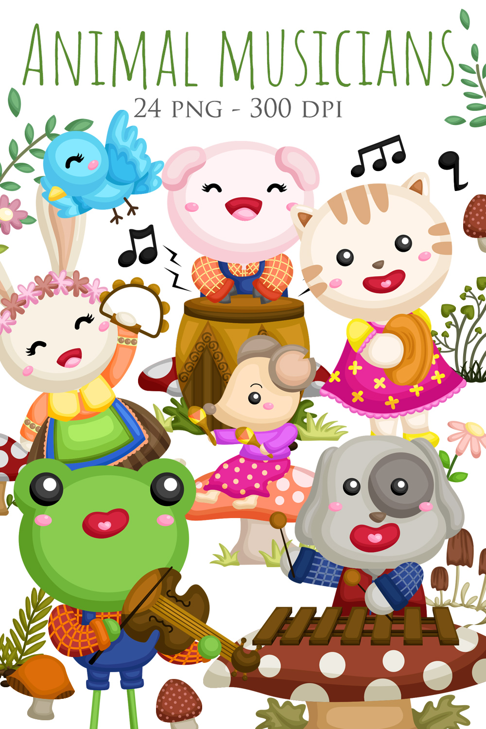Colorful Cute and Funny Animal Musicians Playing Learning Performance Musical Instrumental Melody Sing Cartoon Illustration Vector Clipart Sticker Decoration Background pinterest preview image.