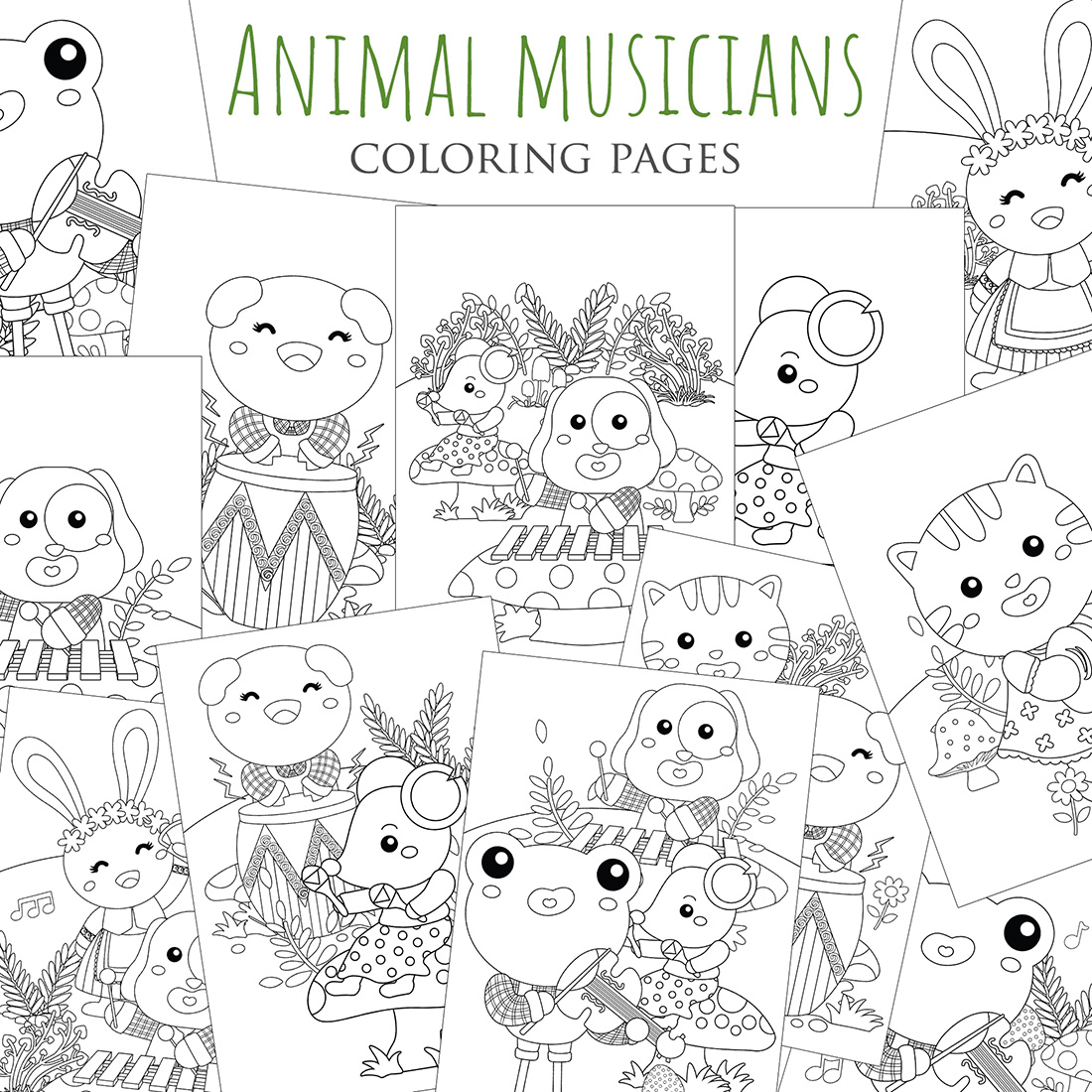Colorful Cute and Funny Animal Musicians Playing Learning Performance Musical Instrumental Melody Sing Cartoon Coloring School Activity for Kids and Adult cover image.