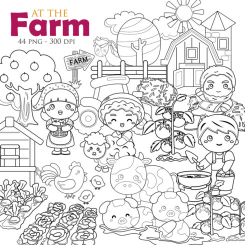 Bundles Art Family Activity At The Farm with Kids Parents Animals Farmer House Barn Cow Chicken Horse Harvesting Vegetables Plants Cartoon Digital Stamp Outline Black and White cover image.