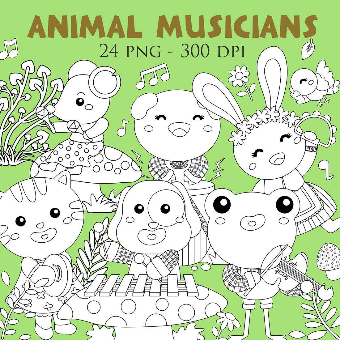 Colorful Cute and Funny Animal Musicians Playing Learning Performance Musical Instrumental Melody Sing Cartoon Digital Stamp Outline Black and White cover image.